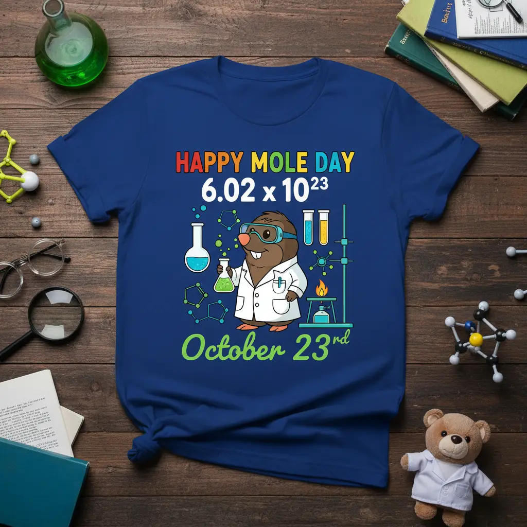 Happy Mole Day 6.02 x 10^23 October 23rd t-shirt design with a scientist mole character and lab equipment graphic